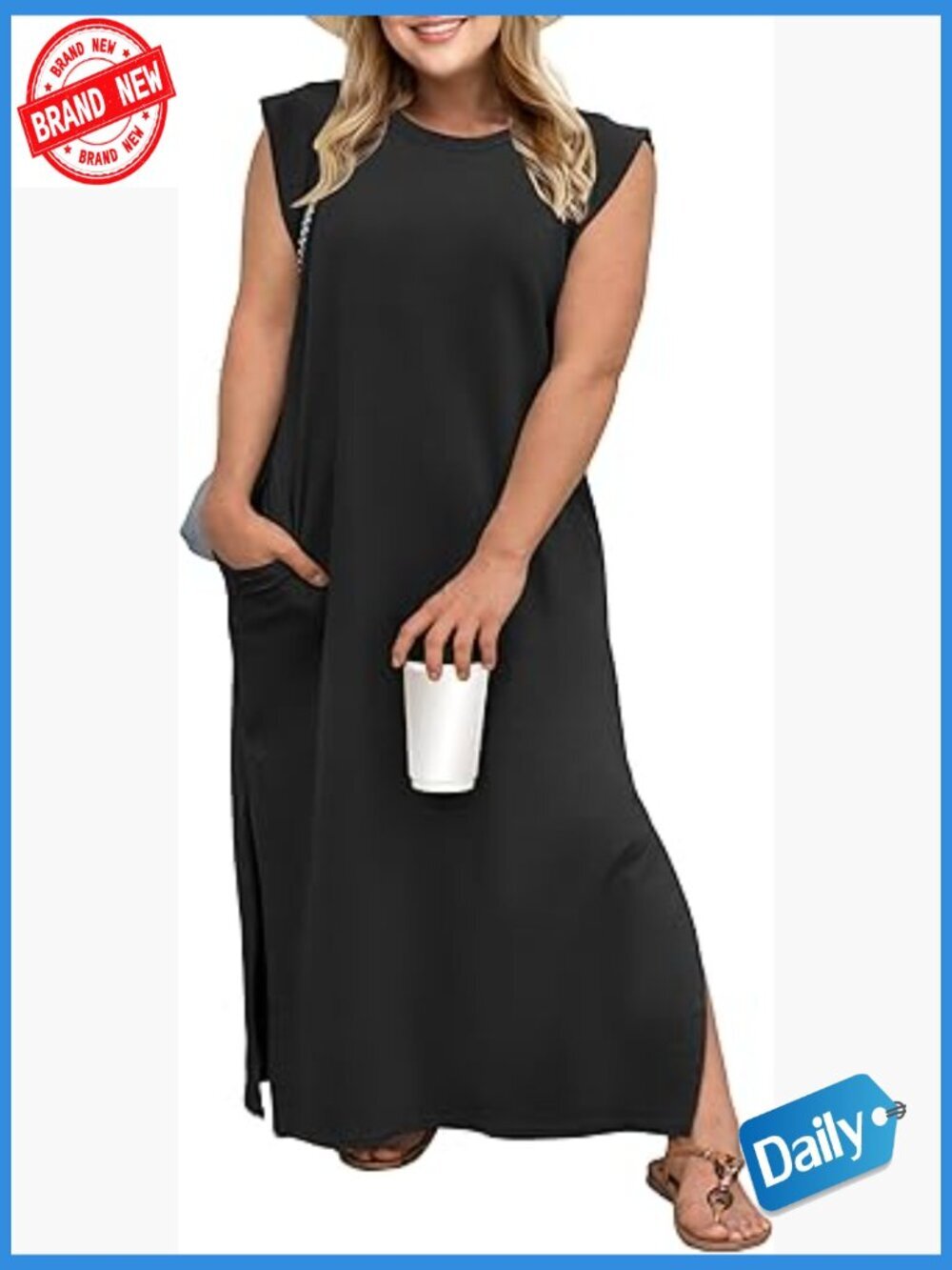 Plus Size Maxi Dress Curvy Women Cap Sleeve Split Long Dress Pockets Loose Fit